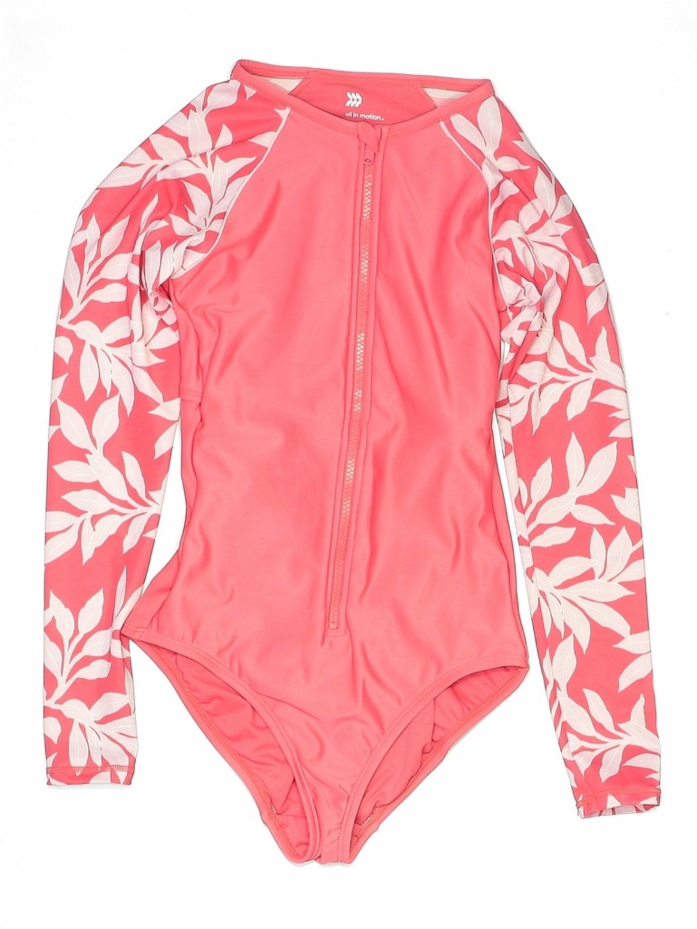 Women’s Coral Pink Long-Sleeve One-Piece Swimsuit with Leaf Print